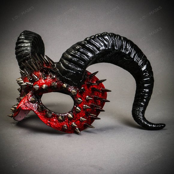 Bloody Red Demon Spikes Devil with Back Twisted Horns Masquerade Eye Mask - Picture 2 of 5
